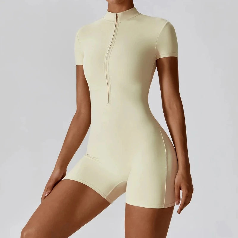Women Jumpsuit Zipper Shorts  - Short Sleeve