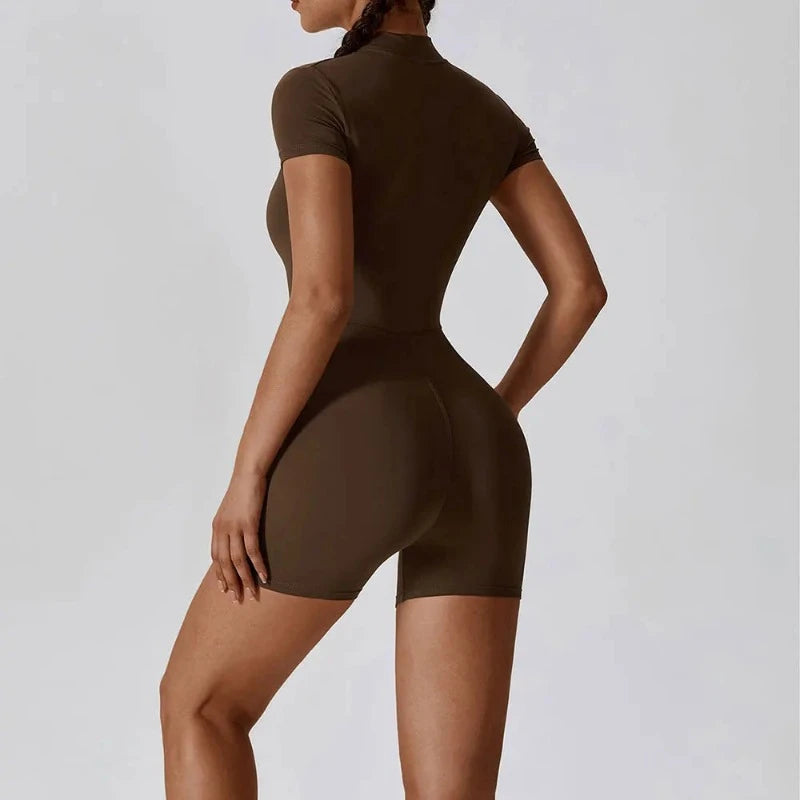 Women Jumpsuit Zipper Shorts  - Short Sleeve