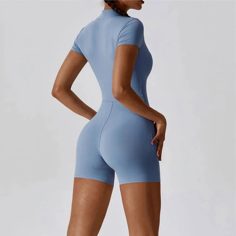 Women Jumpsuit Zipper Shorts  - Short Sleeve