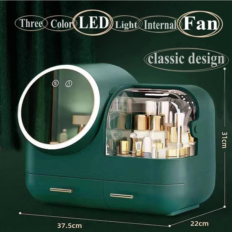 Cosmetic Storage Box - Makeup Organizer Mirror LED Soft Light