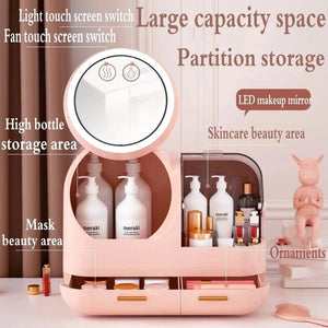 Cosmetic Storage Box - Makeup Organizer Mirror LED Soft Light