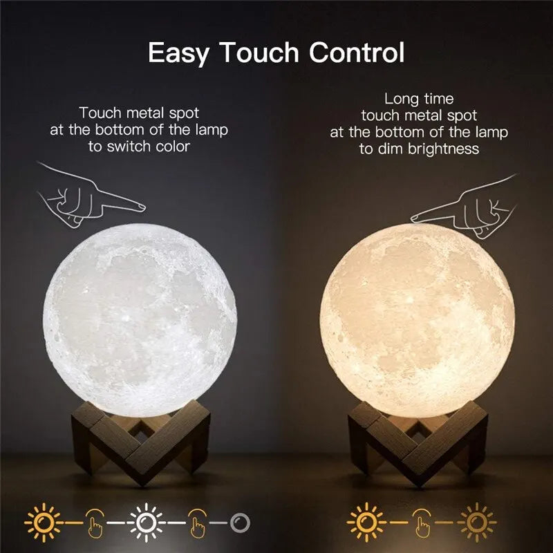 LED 3D Print Moon Lamp - Touch Night Light Rechargeable